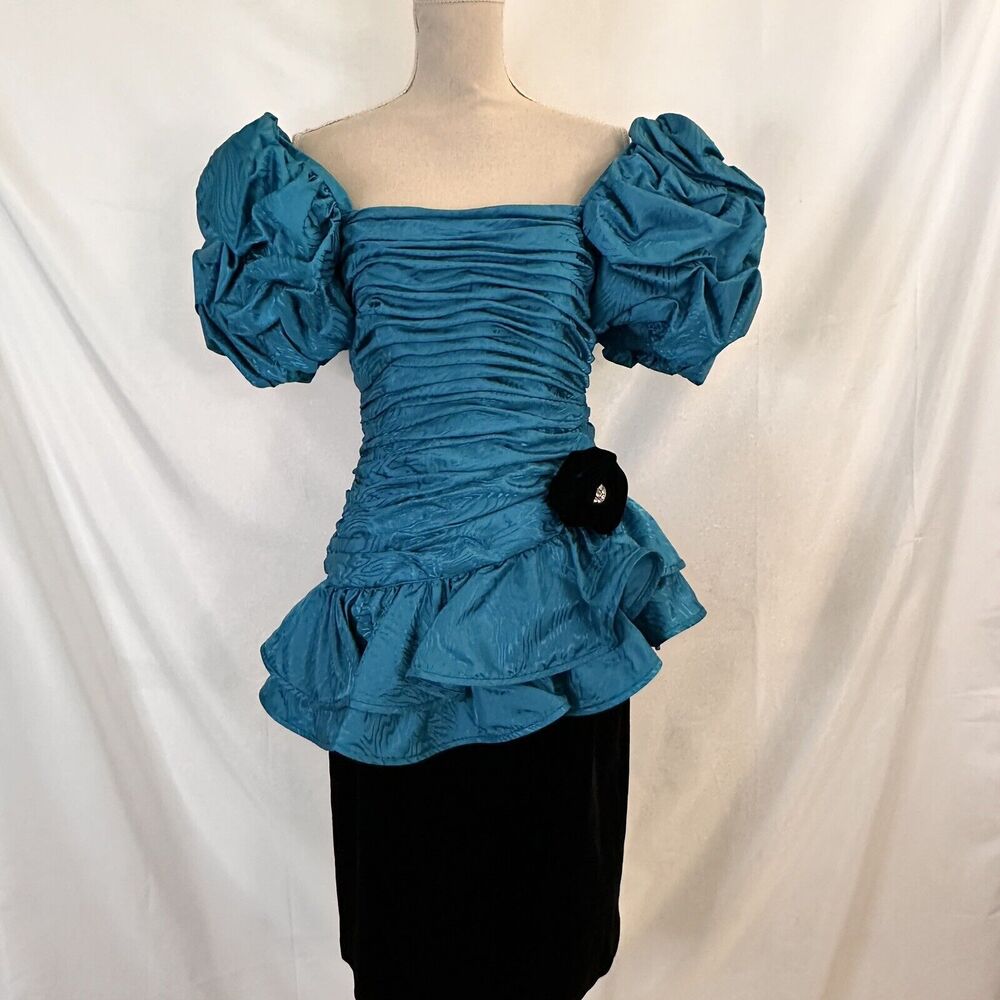 Vtg Leslie Fay Evenings Puffy Sleeves Teal Peplum Dress Size 10 Womens Party